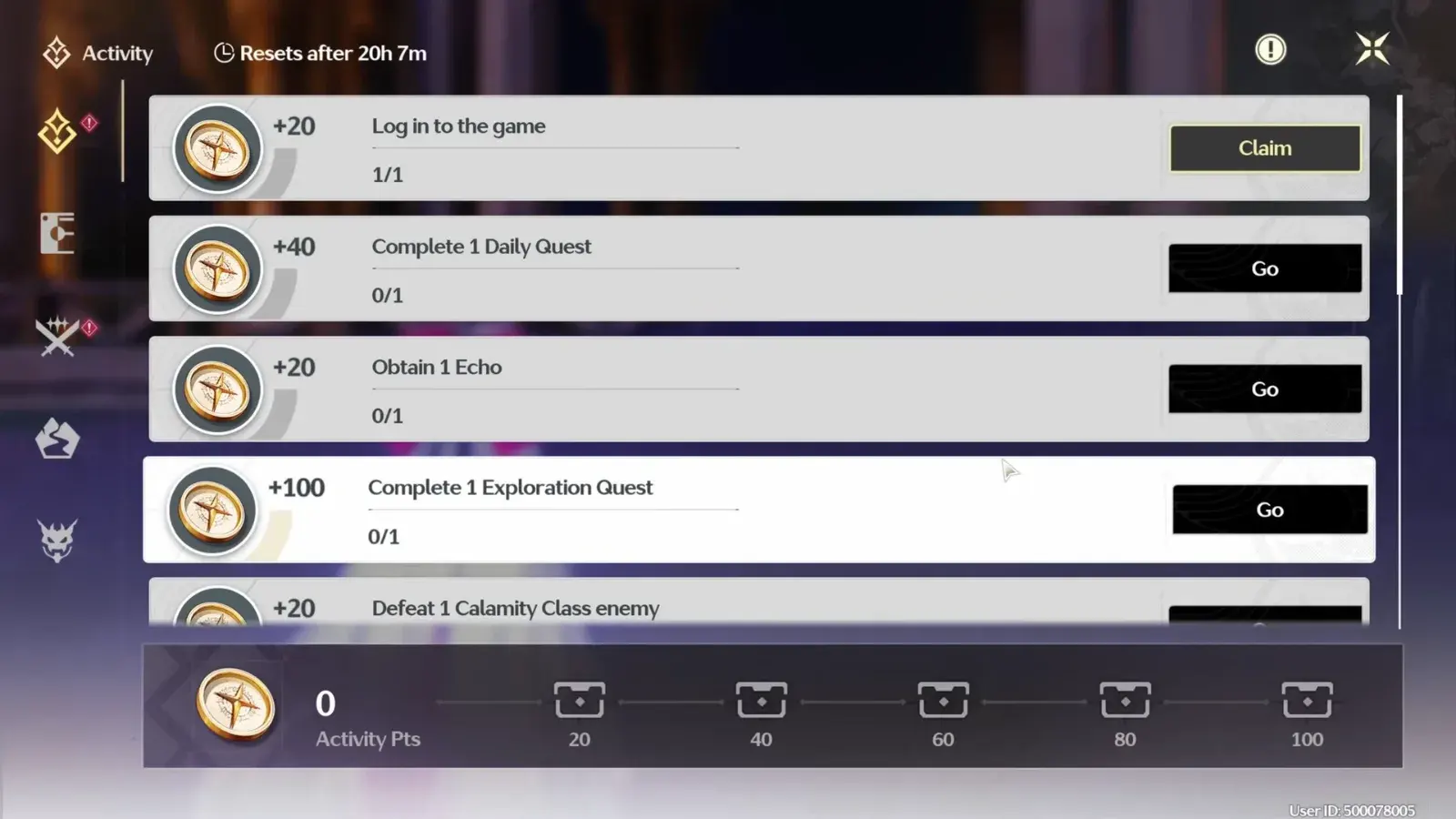 Daily Activity screen: log in +20, daily quest +40, obtain an echo +20, exploration quest +100 activity points