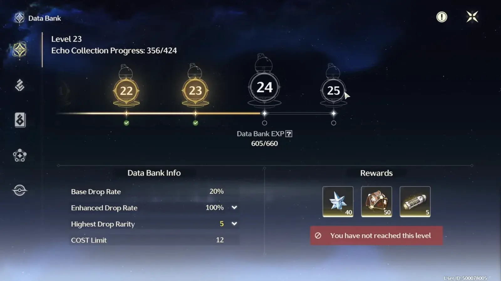 Data Bank level 24 rewards: 40 Astrite, 50 Tuners and 5 Sealed Tubes