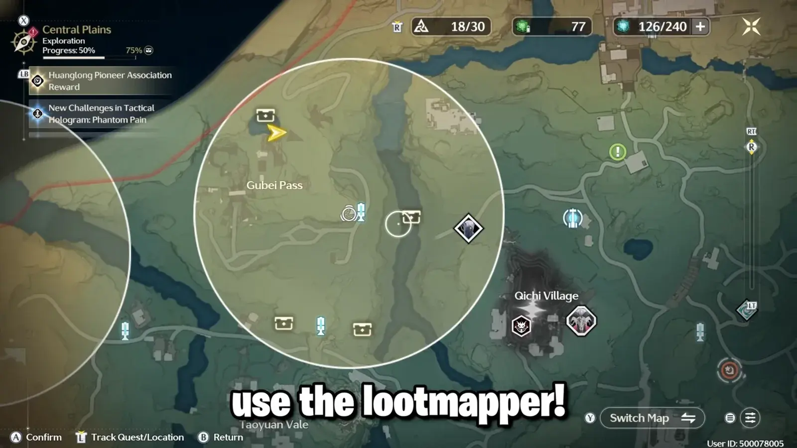 Lootmapper circle on the Central Plains map in Wuthering Waves showing nearby supply chests
