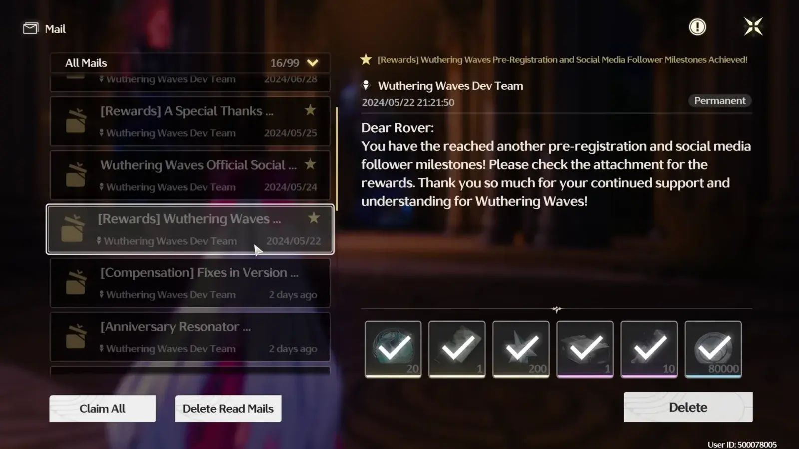 In-game mail from the Wuthering Waves Dev Team with milestone and compensation rewards attached