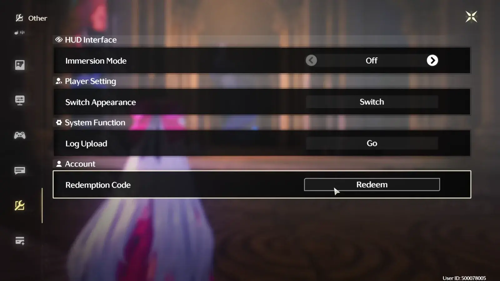 Settings, Other, Account: Redemption Code with the Redeem button