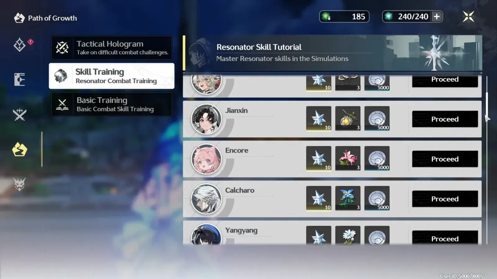 Path of Growth, Skill Training: each Resonator Skill Tutorial pays 10 Astrite
