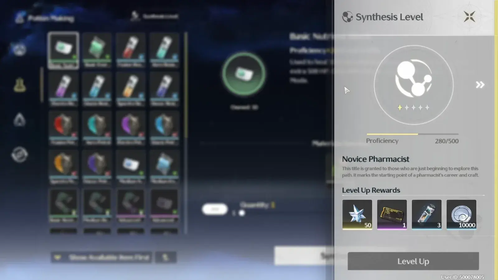 Synthesis Level panel, Novice Pharmacist: level-up rewards include 50 Astrite