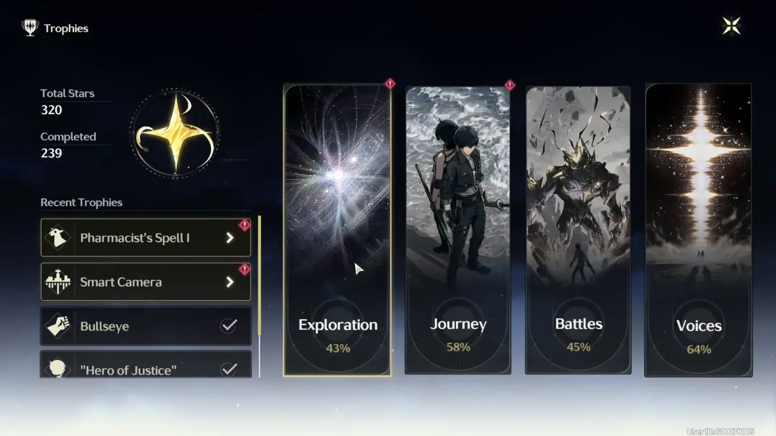 Trophies screen: Exploration, Journey, Battles and Voices categories, 239 of 320 completed
