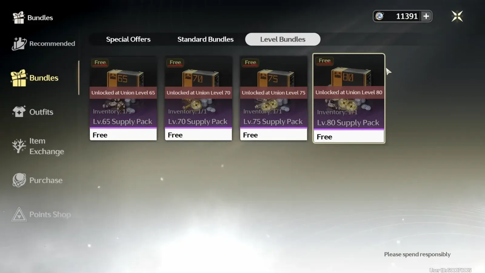 Shop Bundles, Level Bundles tab: free Lv.65, Lv.70, Lv.75 and Lv.80 Supply Packs unlocked by Union Level
