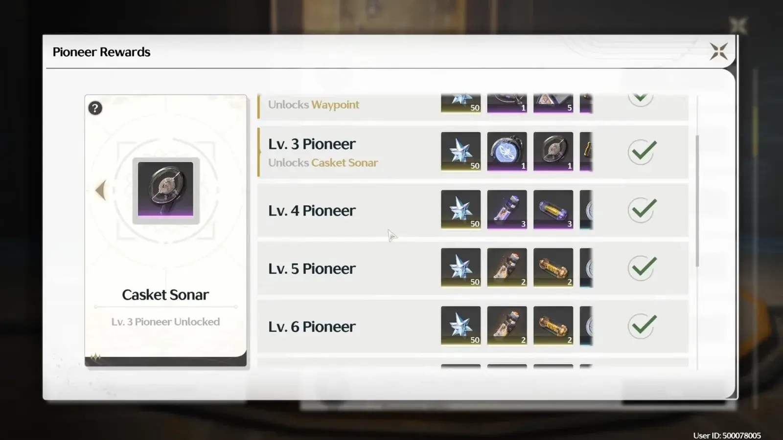 Pioneer Association rewards: each Pioneer rank pays 50 Astrite plus materials