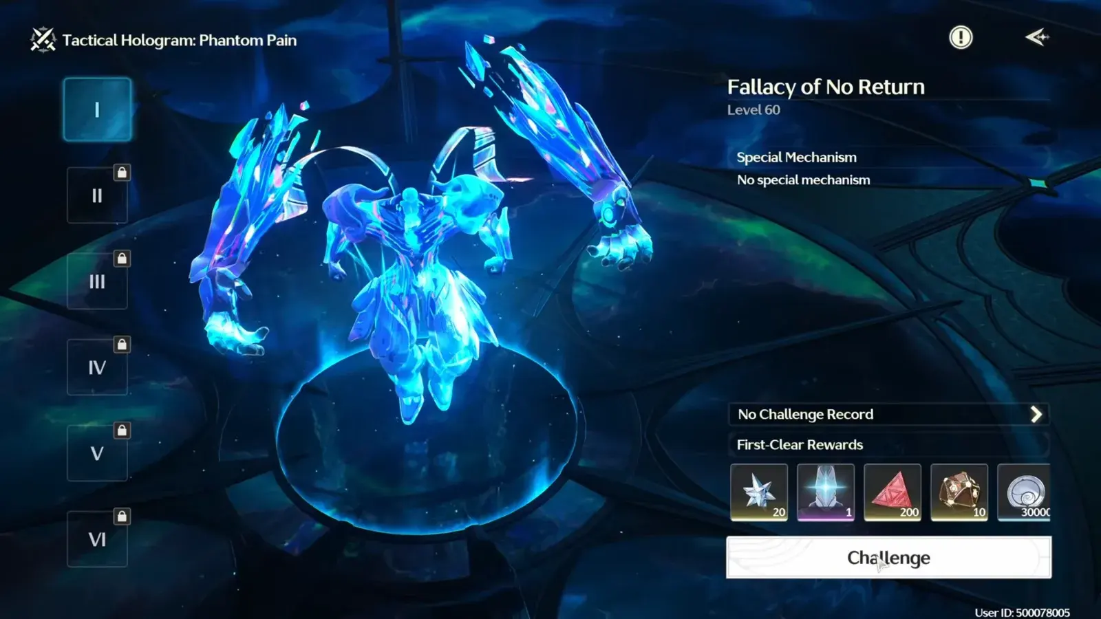Tactical Hologram Phantom Pain, Fallacy of No Return level 60: first-clear rewards include 20 Astrite