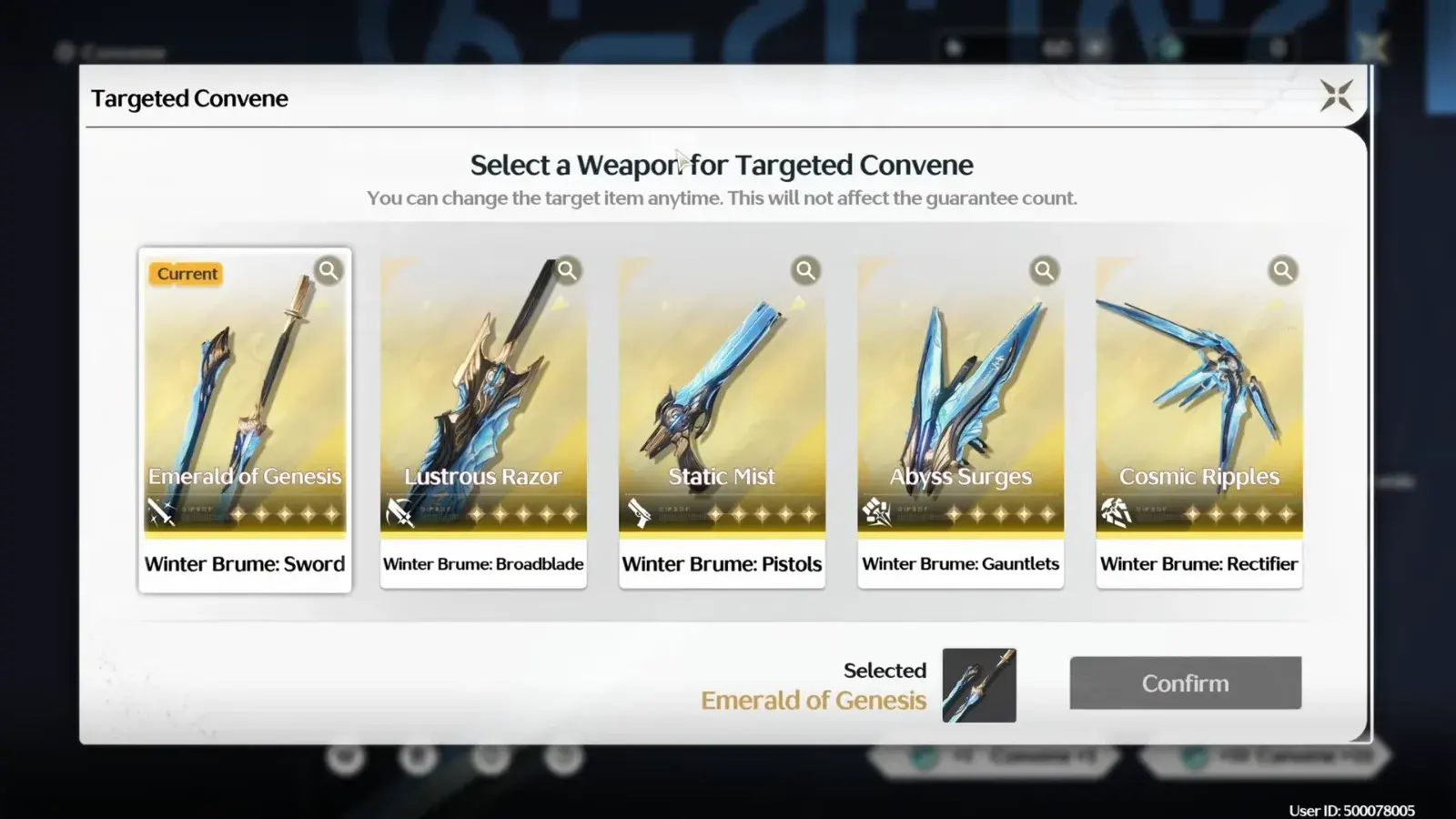 Targeted Convene weapon selector: Emerald of Genesis, Lustrous Razor, Static Mist, Abyss Surges and Cosmic Ripples