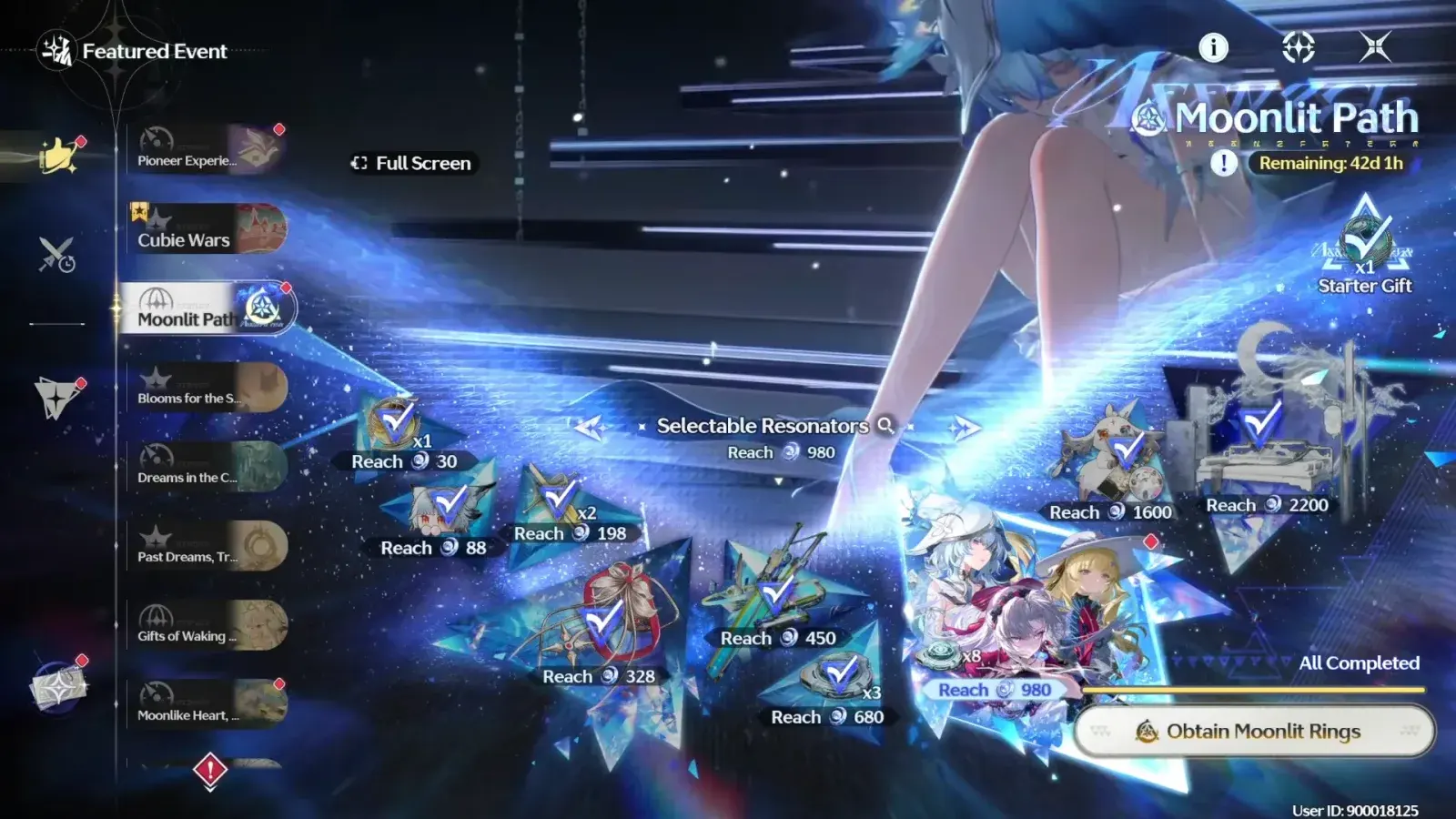 Moonlit Path 980-ring milestone in Wuthering Waves: Selectable Resonators Shorekeeper, Carlotta and Phoebe, or 8 Transducers