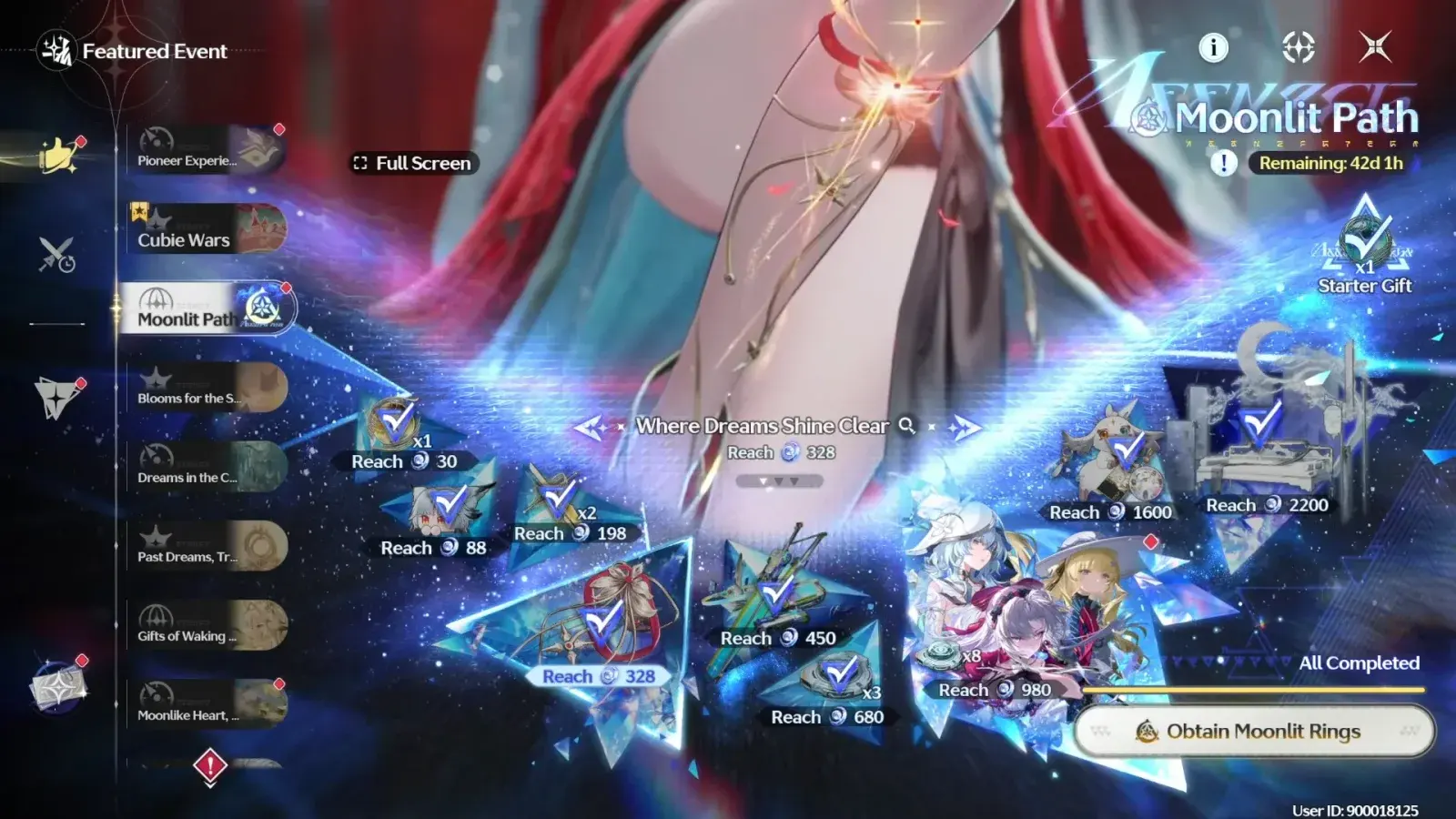 Wuthering Waves 3.7 Moonlit Path event screen with milestones at 30, 88, 198, 328, 450, 680, 980, 1600 and 2200 Moonlit Rings, 42 days remaining