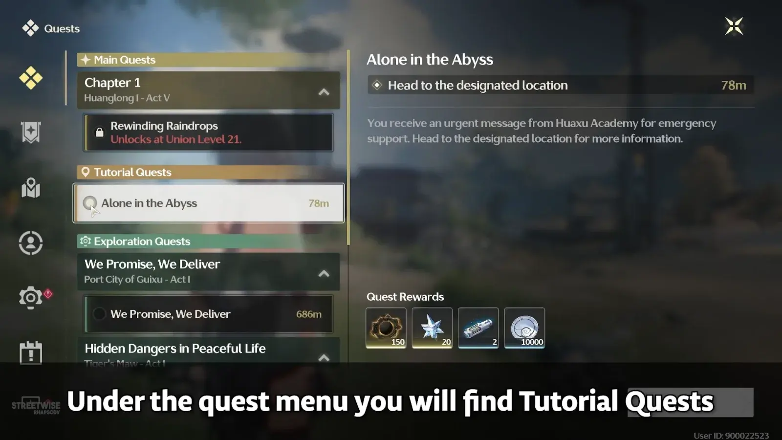 Quests menu, Tutorial Quests: Alone in the Abyss, Head to the designated location, rewards include 20 Astrite