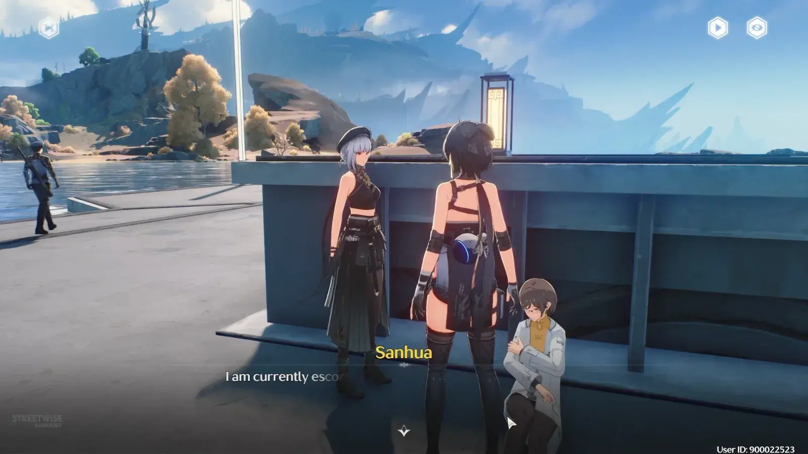 Rover meeting Sanhua by the waterfront for the Alone in the Abyss quest