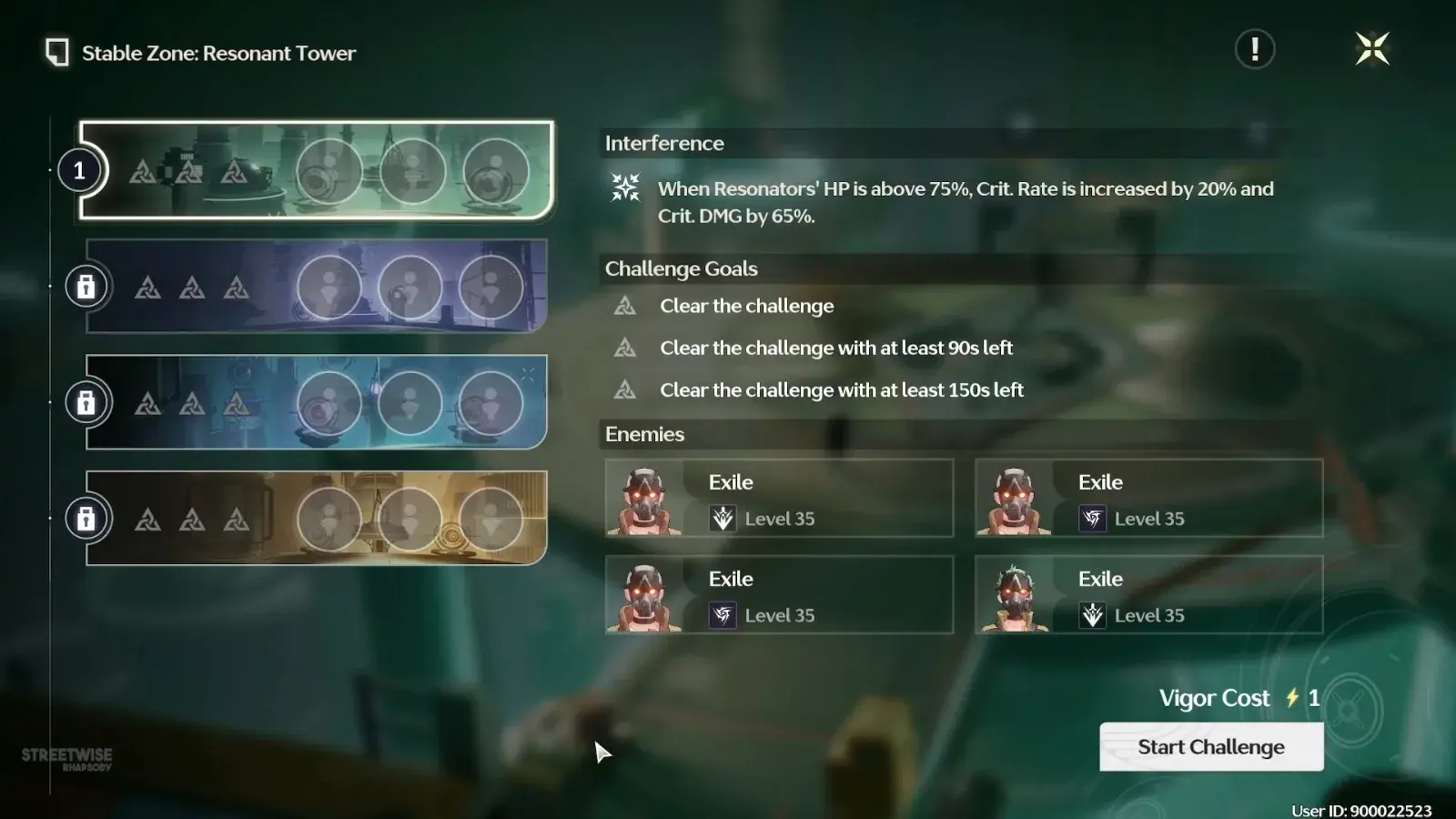 Resonant Tower floor: Interference effect, three challenge goals, enemy list and a Vigor cost of 1
