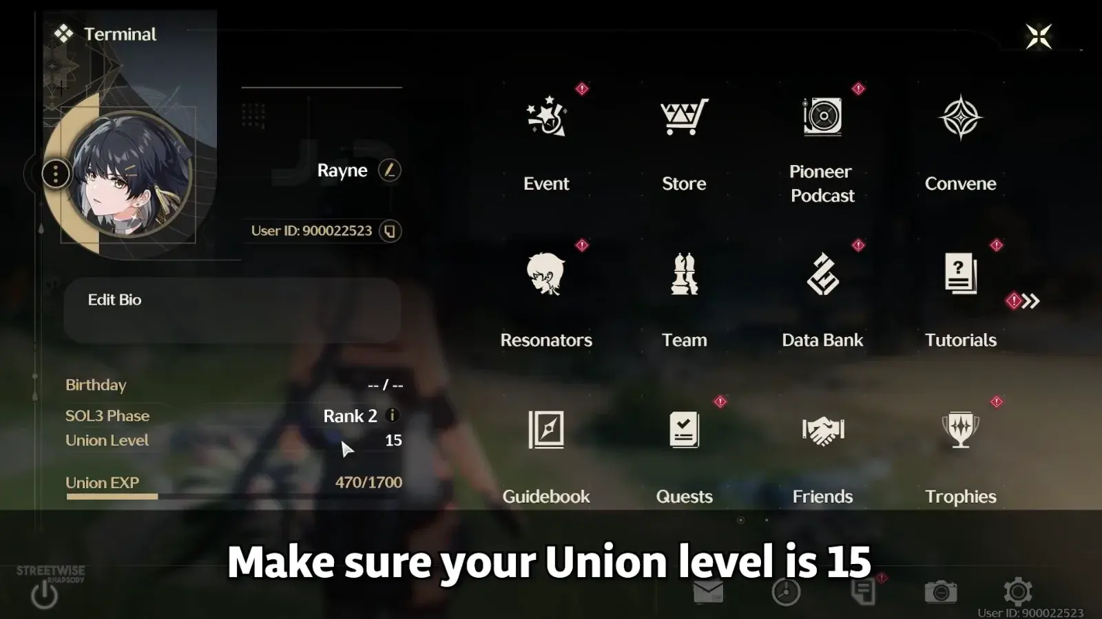 Wuthering Waves Terminal profile showing Union Level 15, the requirement for Tower of Adversity