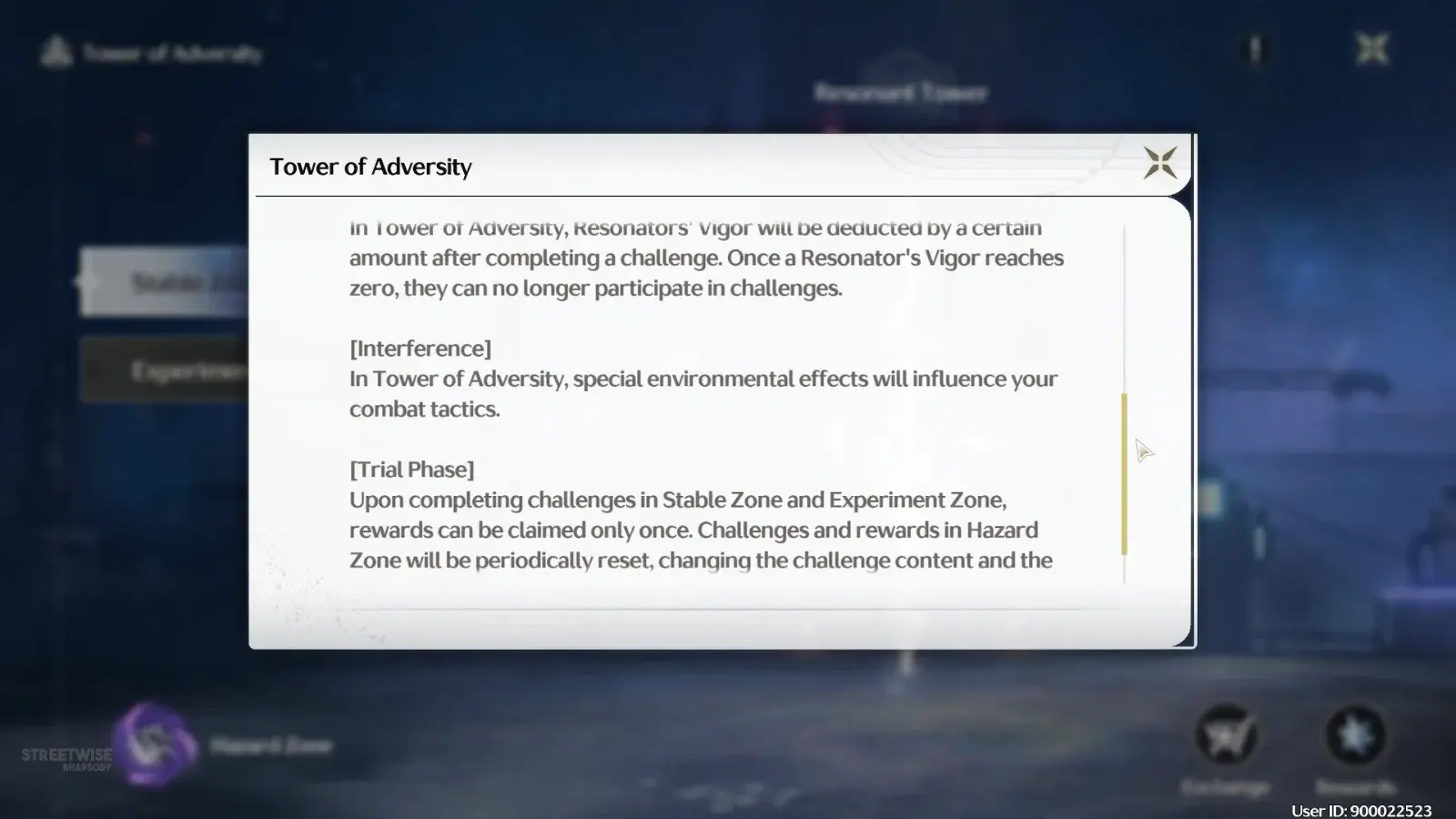 Tower of Adversity rules: Vigor, Interference, and Stable and Experiment Zone rewards claimable only once while Hazard Zone resets