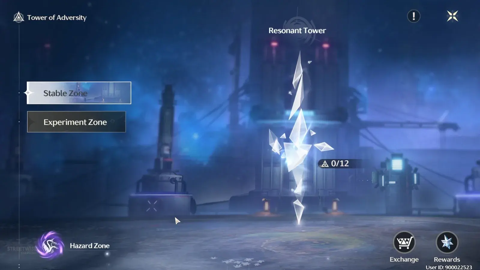 Tower of Adversity screen at launch: Stable Zone, Experiment Zone and Hazard Zone, Resonant Tower 0/12 stars