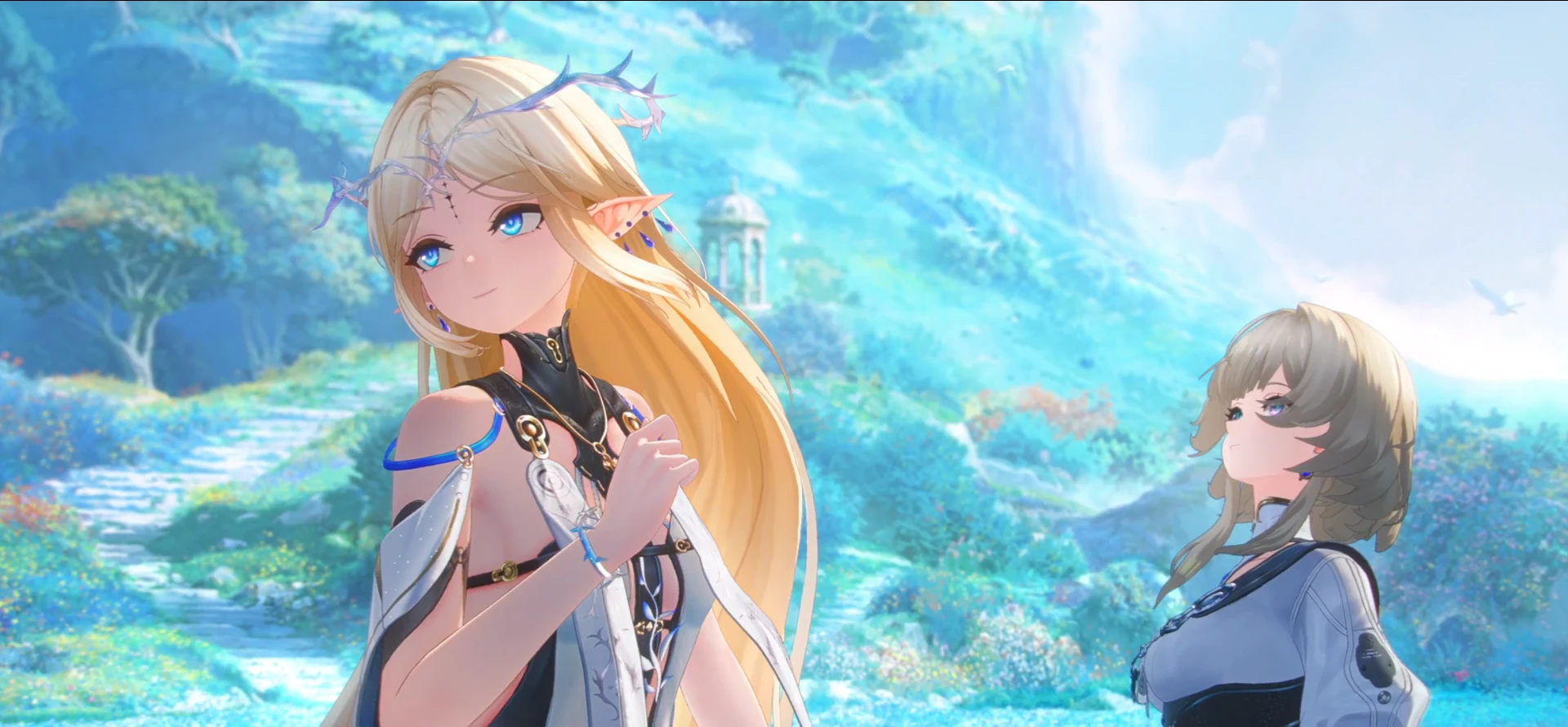 Cartethyia and Rover in a still from the Wuthering Waves: Elysium animated series, standing in a sunlit valley of flowers