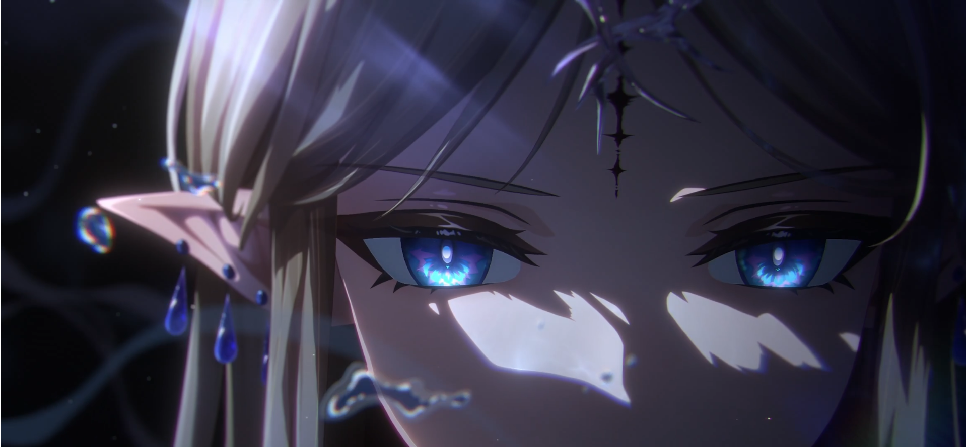 Extreme close-up of Cartethyia's face in the Wuthering Waves: Elysium animated series, showing glowing blue eyes and a crystalline crown