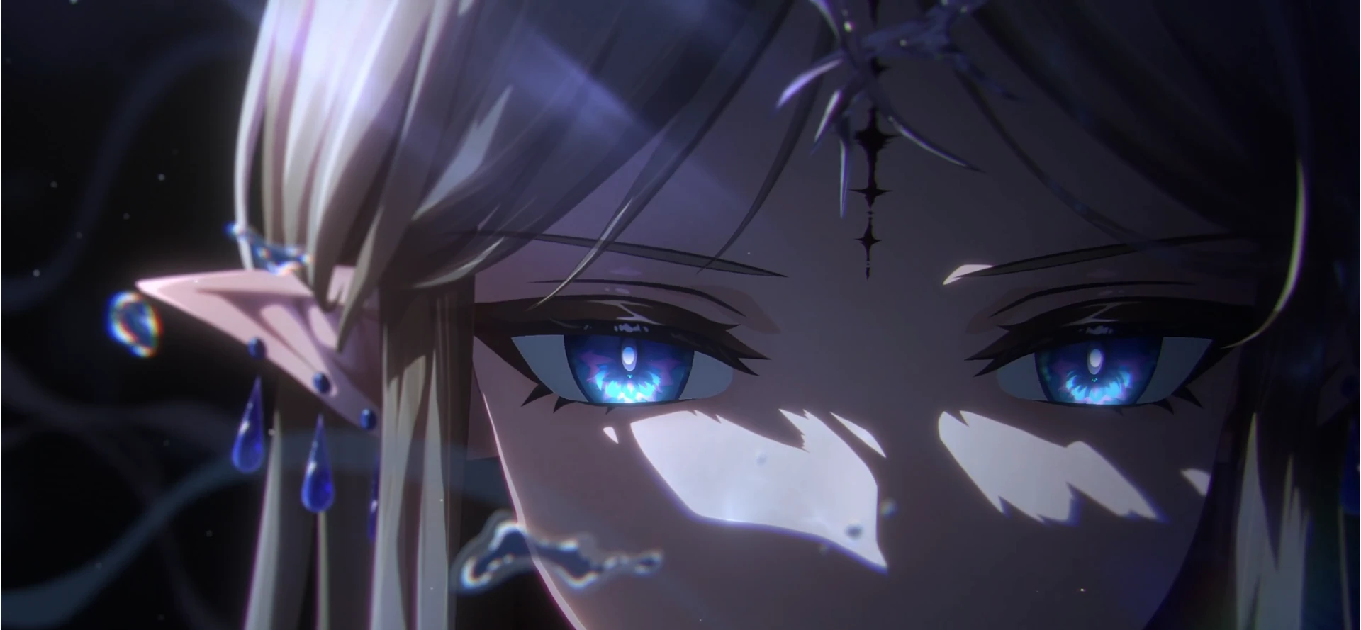 Extreme close-up of Cartethyia's face in the Wuthering Waves: Elysium animated series, showing glowing blue eyes and a crystalline crown