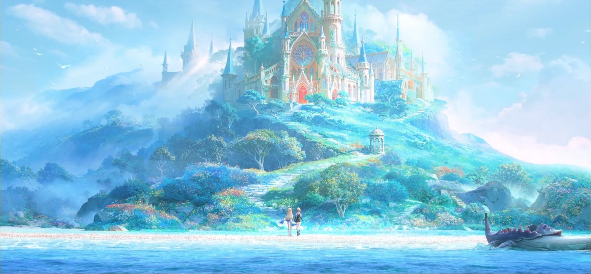 Wuthering Waves: Elysium animated series still showing a gothic cathedral on a green island above a turquoise bay, with two characters walking along the shore