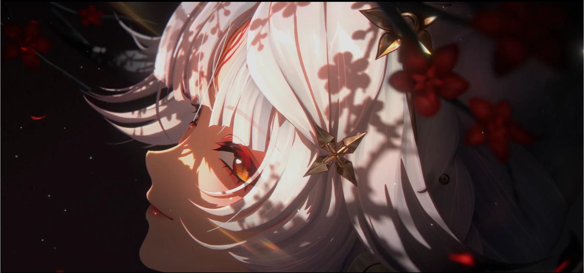 Close-up of a white-haired resonator with amber eyes and gold hair ornaments, framed by red blossoms, in the Wuthering Waves: Elysium animated series